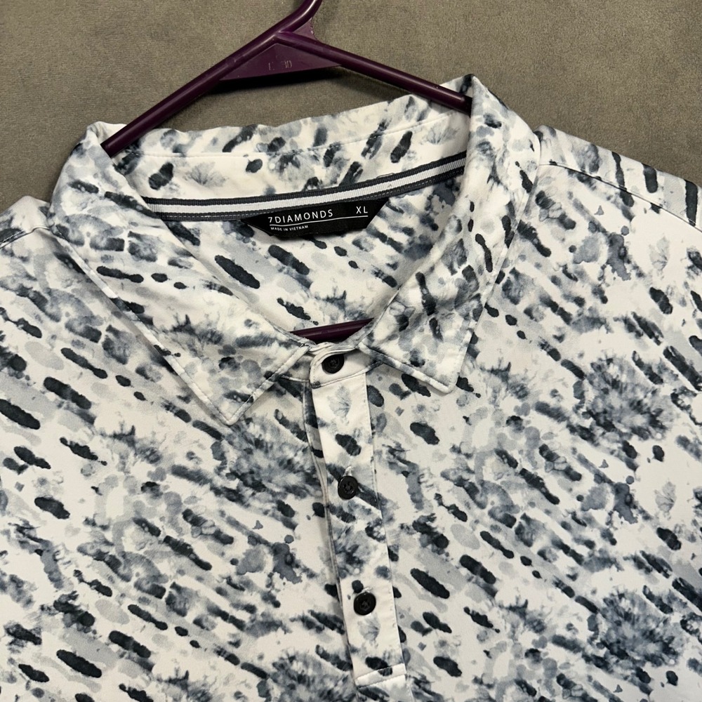 7Diamonds Polo Shirt Mens XL White Grey Tie Dye Performance Short Sleeve Excelle